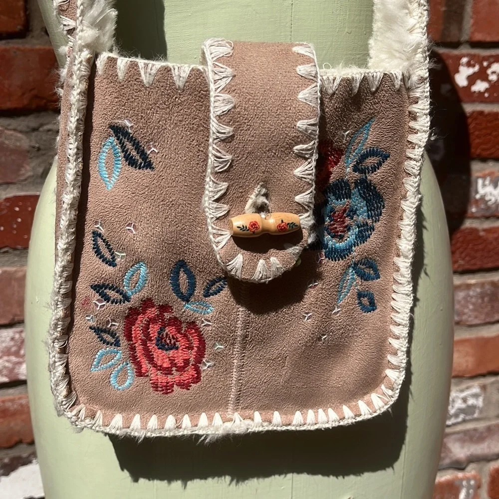 Monsoon Suede Embroidered Fur lined CrossBody Purse - Picture 1 of 7